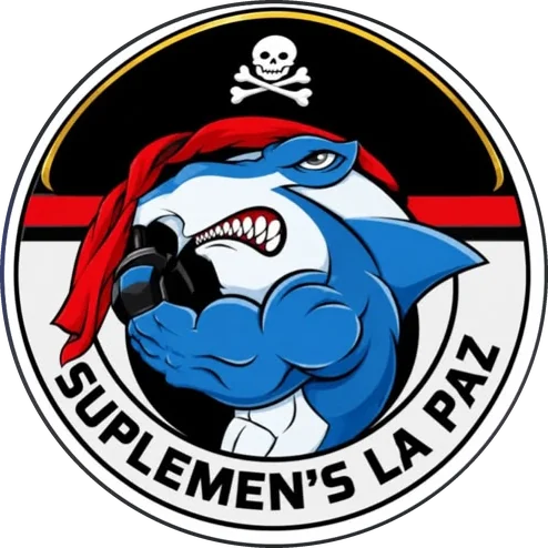 Logo de Suplemen's La Paz: tiburón musculoso con pañuelo rojo de pirata